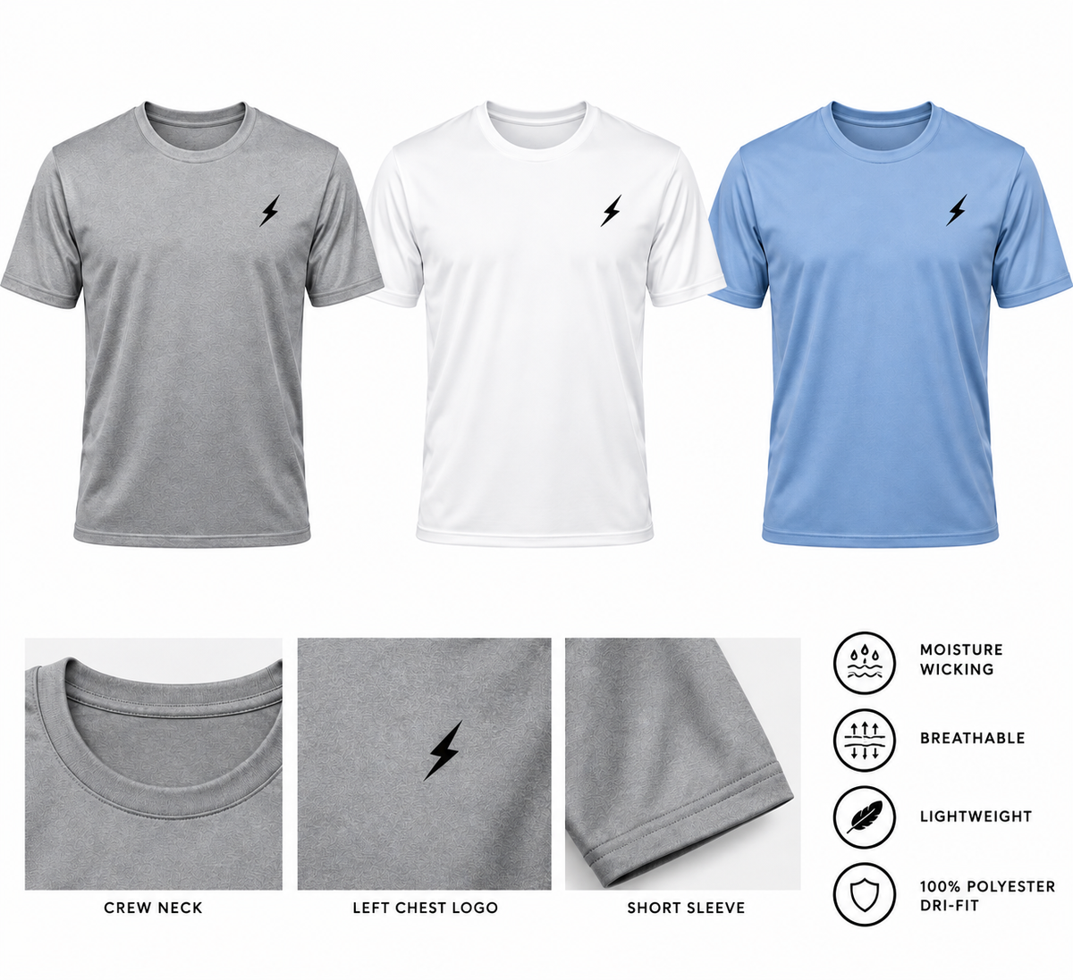 Lightning Bolt Dri-Power Polyester T-Shirt – Lightweight Athletic Tee